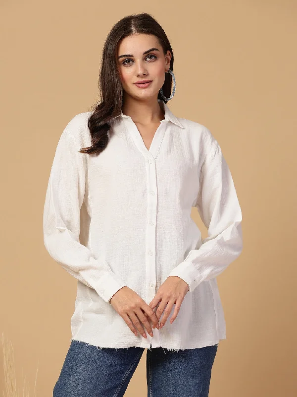 women's work blouses -SMERA MART Women's Double Cloth Cotton Oversized Solid Casual Shirt for Women - White