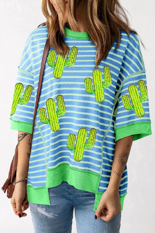 asymmetrical tops for women -Cactus Striped Round Neck Half Sleeve T-Shirt