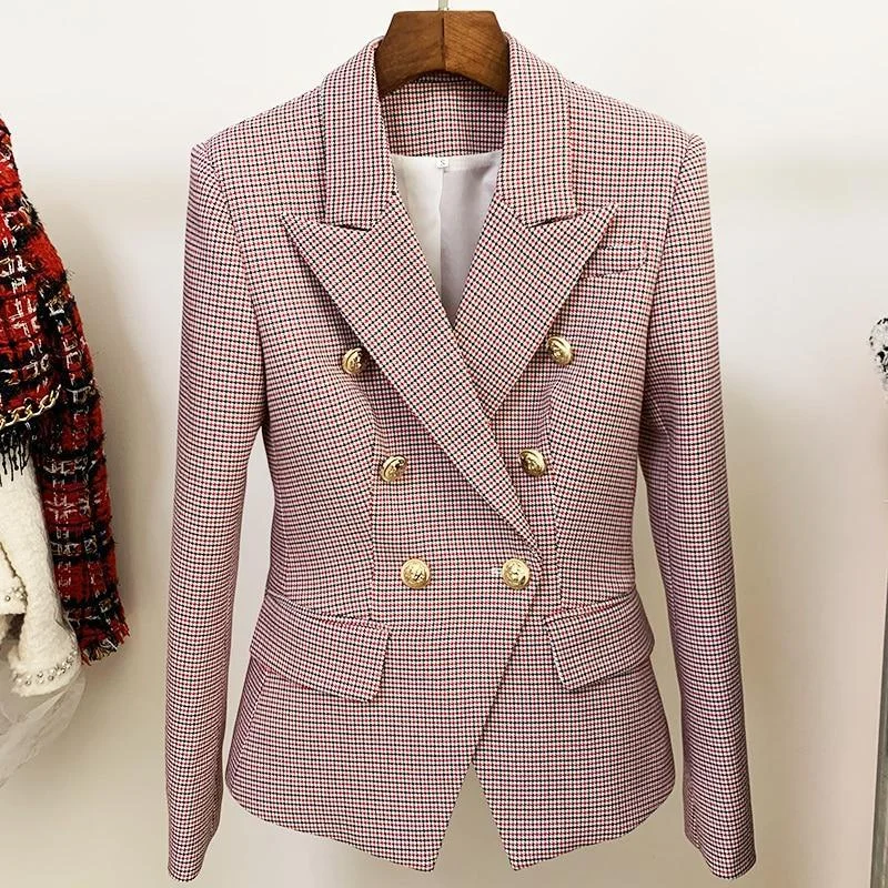 belted wool coats for women -Pink Houndstooth Blazer For Women