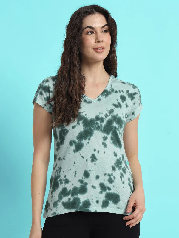 fashionable work tops for women -Women Green Tie and Dyed V-Neck T-shirt