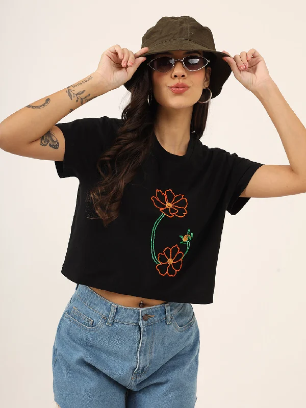 bell sleeve tops for women -Women Beads Work Crop T-Shirt