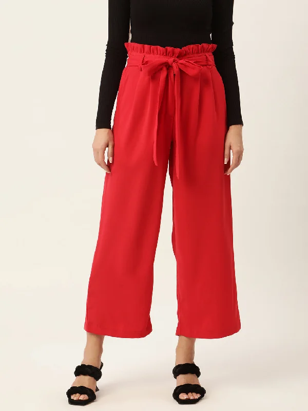 business casual pants for women -Women Red Comfort Fit Pleated Trousers with Belt