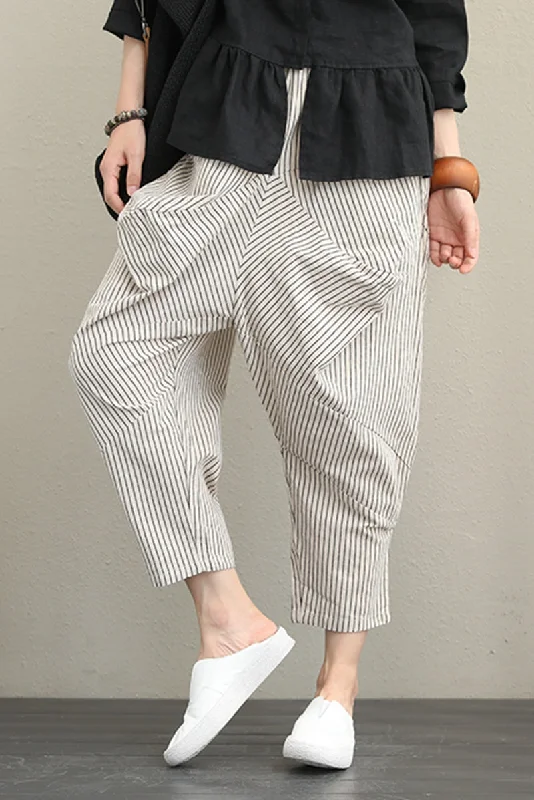 bell-bottom pants for women -Vintage Casual Striped Cotton Linen Pants Women Fall Trousers