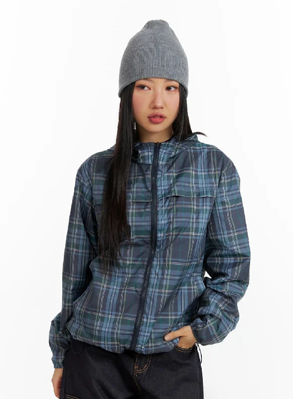 classic pea coats for women -Vintage Checkered Zip-Up Hoodie Jacket CF408