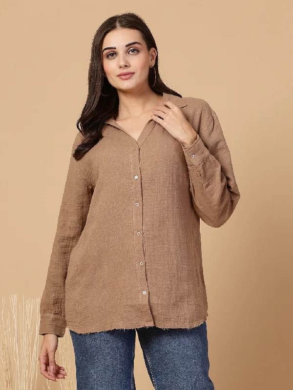 women's tunic tops -SMERA MART Women's Double Cloth Cotton Oversized Solid Casual Shirt for Women - Brown