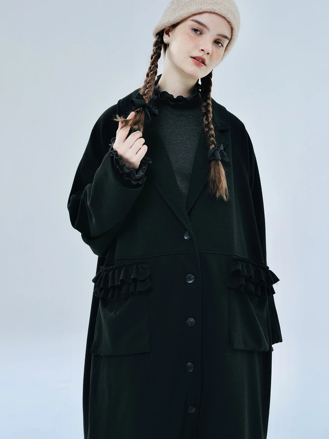 women's wool coats -Original Black Casual Lapel Lace Patchwork Long Woolen Coat