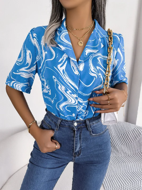 loose fit women's tops -Printed Lapel Collar Shirt