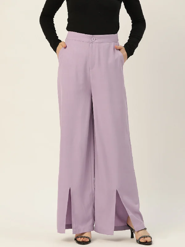 breathable summer pants for women -Rue Collection Women Lavender Relaxed Loose Fit High-Rise Trousers