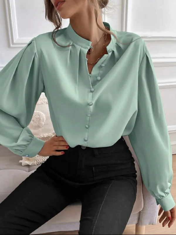 casual blouses with sleeves -Mock Neck Button Front Shirt