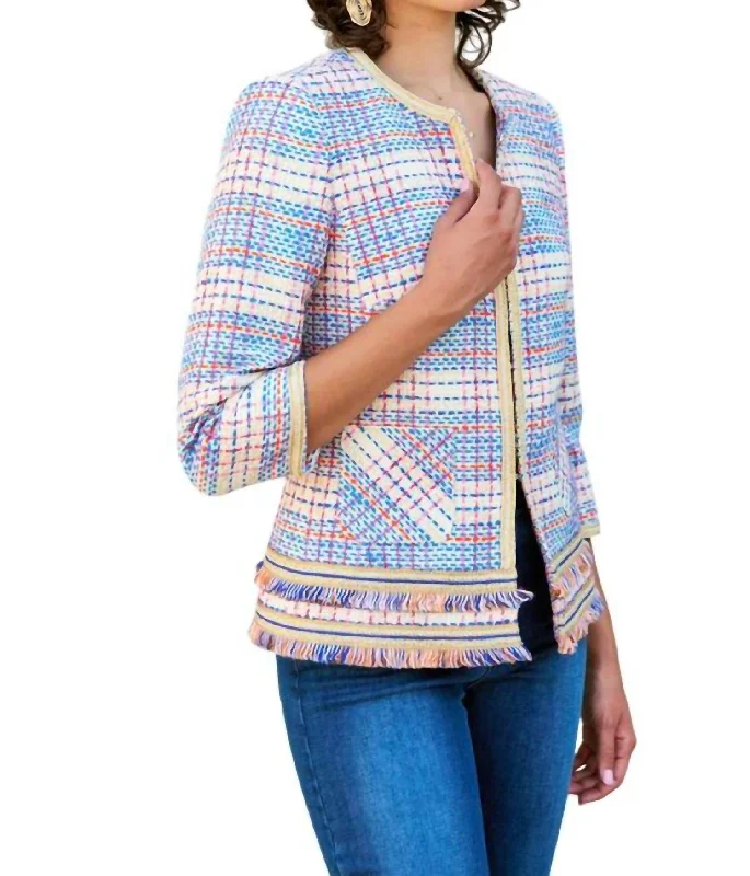 houndstooth coats for women -Granjuela Fringe Jacket In Cream, Blue