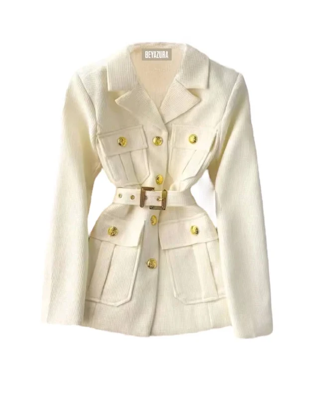 wool blend coats for women -Double Breasted Gold Buttoned Blazer Coat