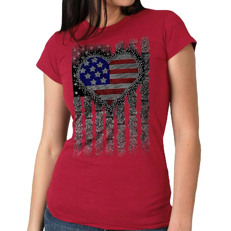 sleeveless blouses for work -Hot Leathers GLC1558 Ladies Antique Cherry Heart Bling Flag T-Shirt