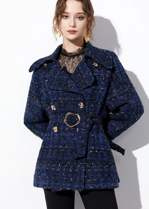 knitted jackets for women -Sequin Double Breasted Blue Wool Blend Tweed Coat