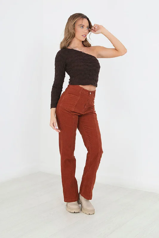 cropped trousers for women -RUST BROWN HIGH WAISTED FLARED CORDUROY TROUSERS