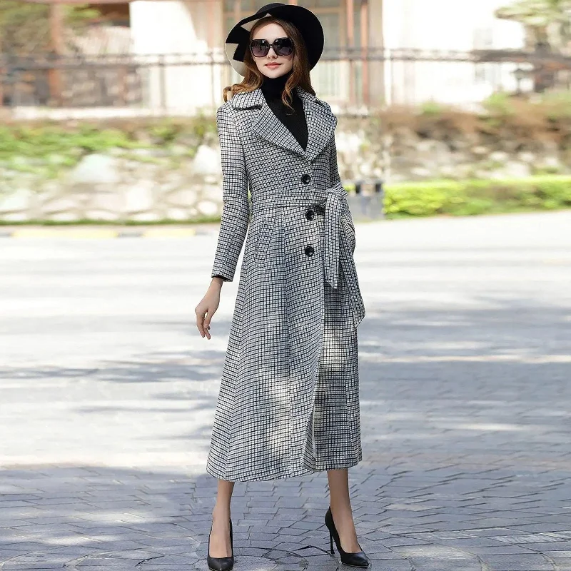 long trench coats for women -Custom Wool Fit & Flare Belted Plaid Coat