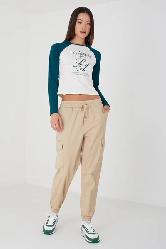 printed trousers for women -STONE CARGO TRPUSERS WITH ELASTICATED CUFF