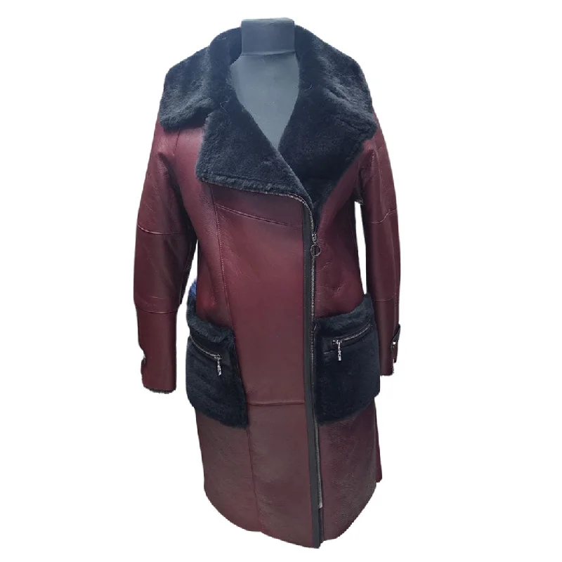 casual zip-up jackets for women -Samira's burgundy shearling trench coat