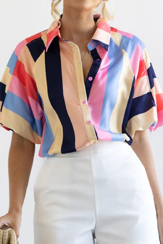 women's velvet tops -Color Block Button Up Balloon Sleeve Shirt