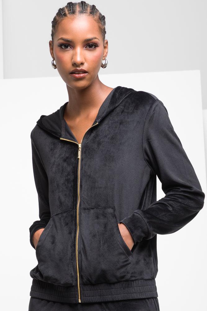 elegant women's tops -Hooded Zip Through Tracktop Black