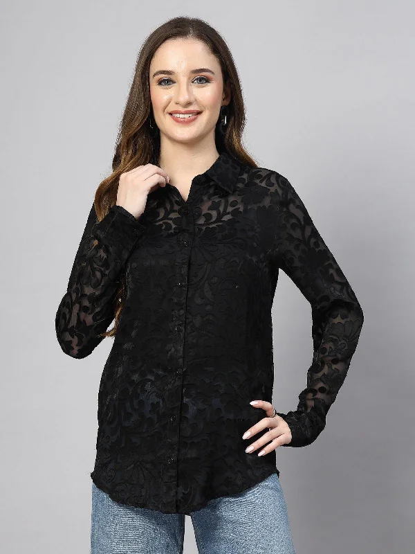 trendy women's shirts -SMERA MART Women's Loose Fit Jacquard Full Sleeve Long Shirt