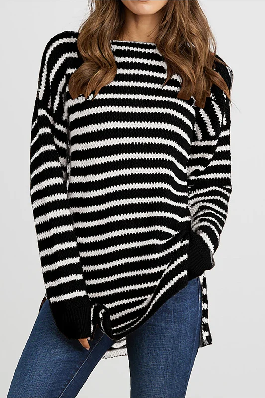 printed shirts for women -Oversized Side Split Stripe Pullover Sweater