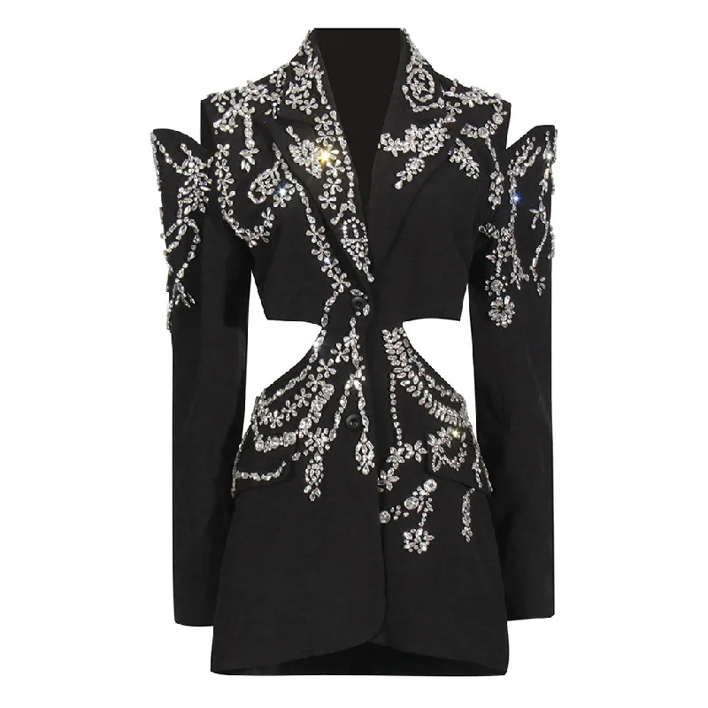 travel jackets for women -Opulent Crystal Embellished Lapel Cutout Long Sleeve Blazer Mini Dress