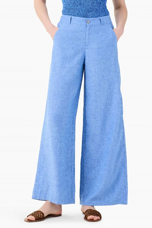 women's relaxed fit pants -Rumba Linen Wide Leg Trouser In Blue Mix