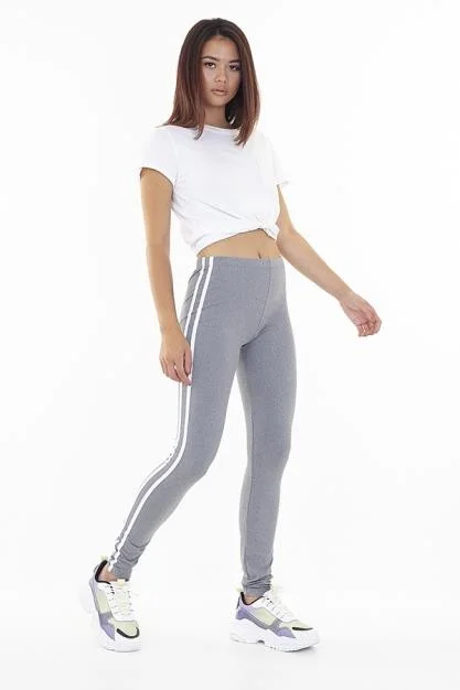 women's stretchable trousers -GREY MARL FULL LENGTH STRETCHY STRIPED LEGGINGS