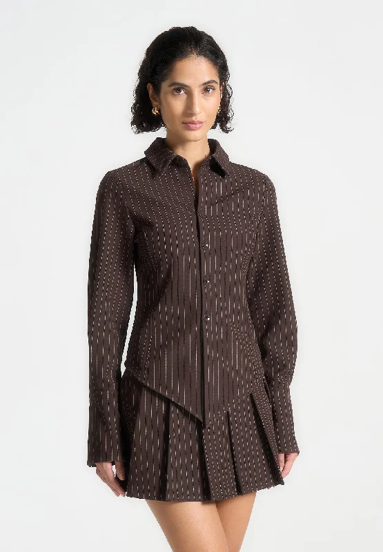 cute tops for women -Pinstripe Angled Shirt - Brown