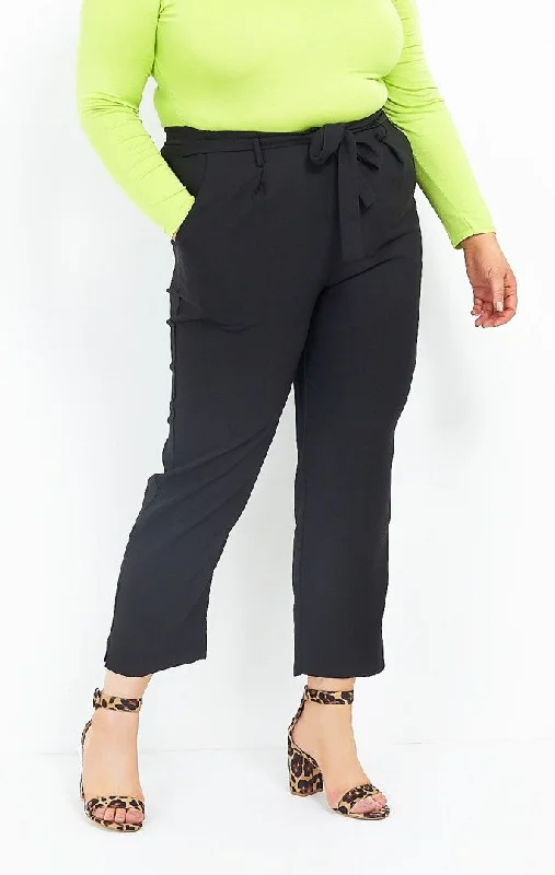 quick dry pants for women -PLUS SIZE TIE WAIST BLACK TROUSERS