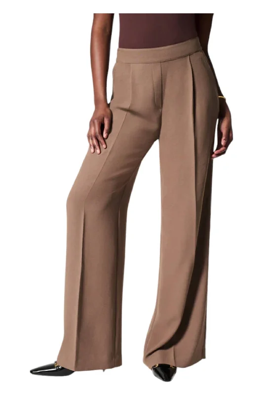 thermal pants for women -Crepe Pleated Trousers In Cedar