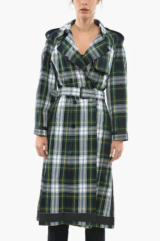 women's varsity jackets -Burberry Belted Tartan Print Cotton Double Breasted Trench Coat