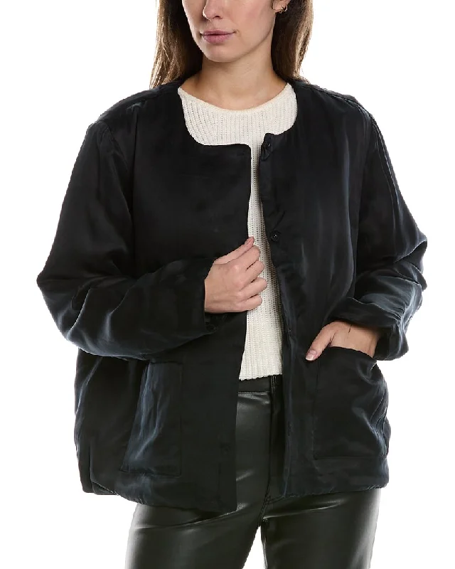 women's varsity jackets -EILEEN FISHER Round Neck Padded Silk-Lined Jacket