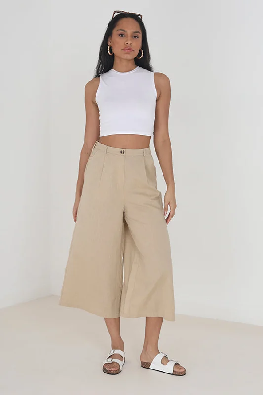 women's high waist pants -SAND WIDE LEG THREE QUARTER CULOTTE TROUSERS