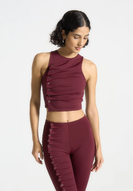 women's satin blouses -Eyelet Detail Tacked Racer Top  - Wine Red