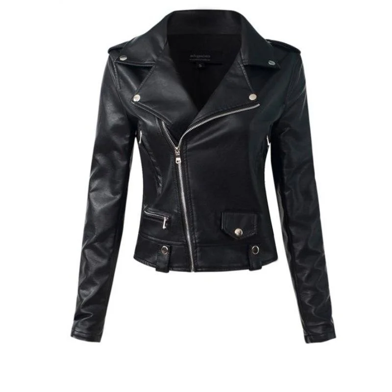 eco-friendly coats for women -Aelegantmis Casual PU Leather Jacket Women Classic Zipper Short Motorcycle Jackets Lady Autumn Winter Basic Leather Coat Black