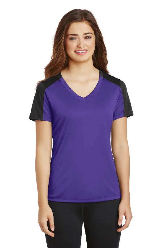 women's ruffle tops -Sport-Tek Womens Competitor Moisture Wicking Short Sleeve V-Neck T-Shirt - Purple/Black - Closeout