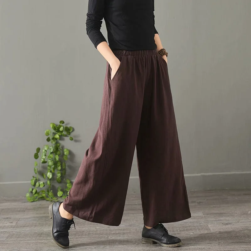 soft touch pants for women -Women Vintage Pure Color Cotton Linen Wide Leg Pants 1389