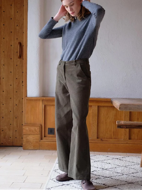 breathable summer pants for women -Harper Cotton Wide Leg Trousers | Olive Cord