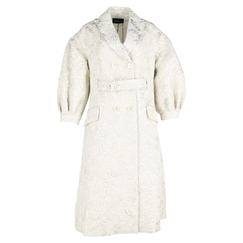 women's varsity jackets -Simone Rocha Jacquard Double-Breasted Puffed Sleeve Trench Coat in White Polyester