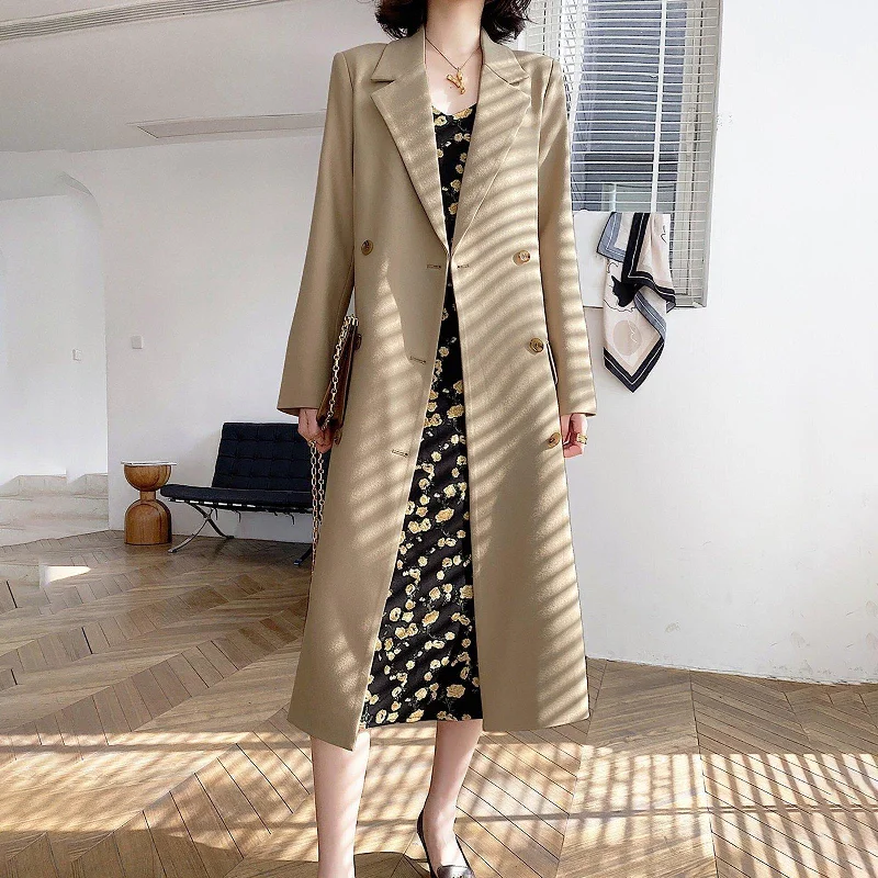 asymmetrical coats for women -Beige Double Breasted Long Trench Coat