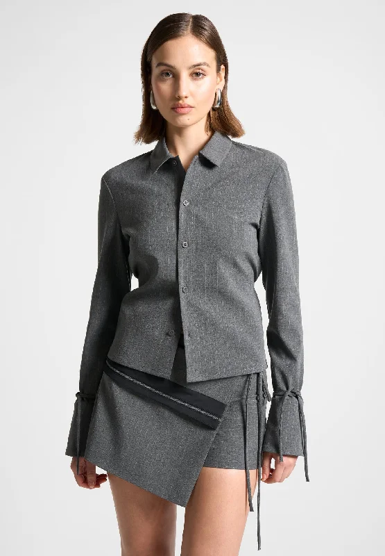 draped tops for women -Pinstripe Cinch Tailored Shirt with Ties - Grey