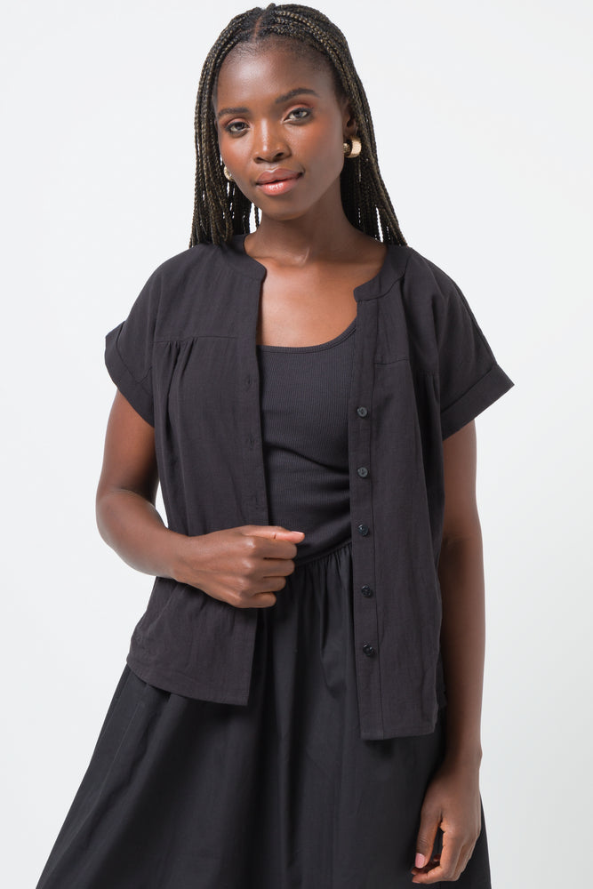 women's summer blouses -Grown On Sleeve Shirt Black