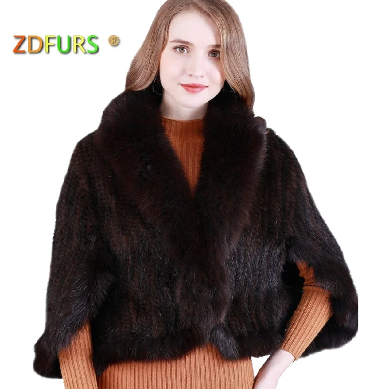 short jackets for women -ZDFURS *New Genuine Knit Mink Fur Shawl Poncho With Fox Trimming Real mink fur jacket Fashion Women ZDKM-166001