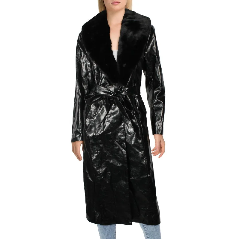 business casual coats for women -Womens Faux Leather Long Trench Coat