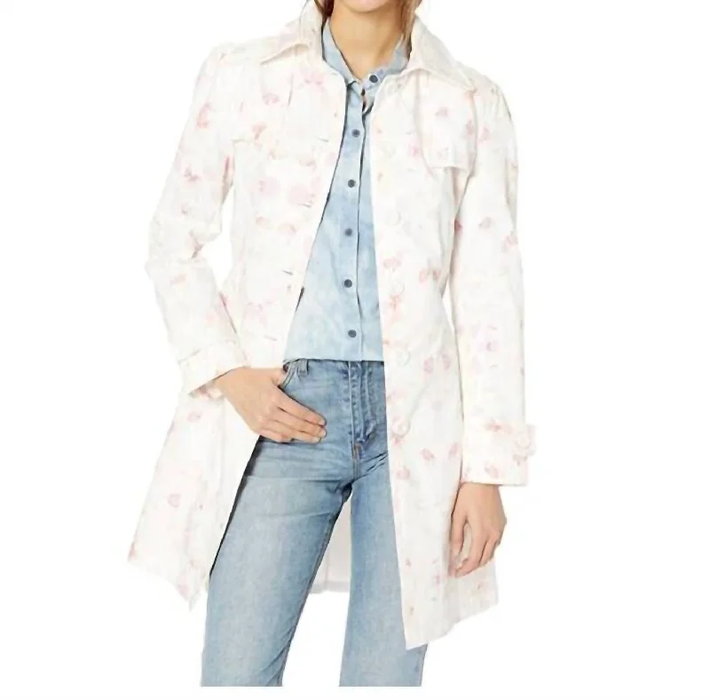 stylish blazers for women -Floral Print Spring Poplin Trench Coat In Pink, White