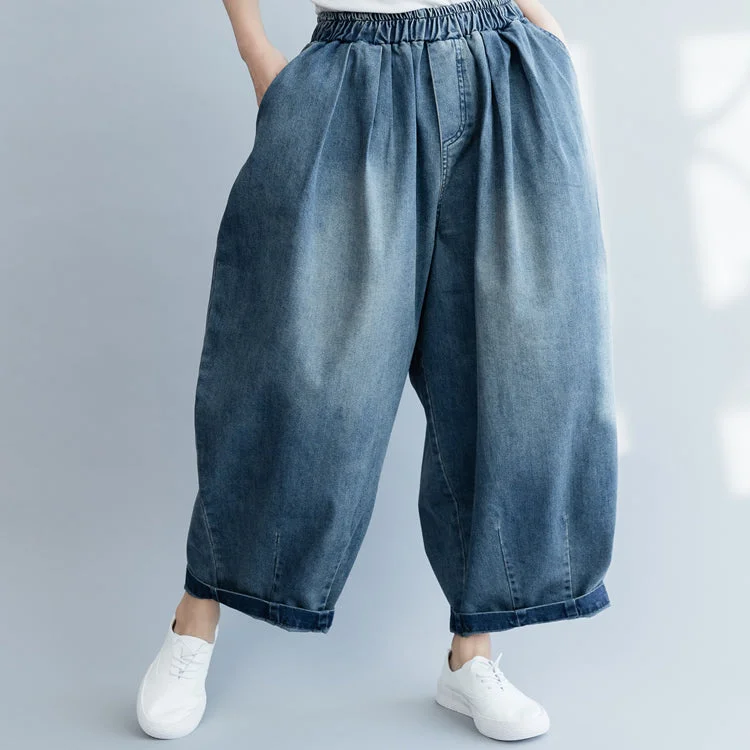 sporty pants for women -Vintage Loose Wide-Leg Harem Pants Women Casual Denim Trousers K18021