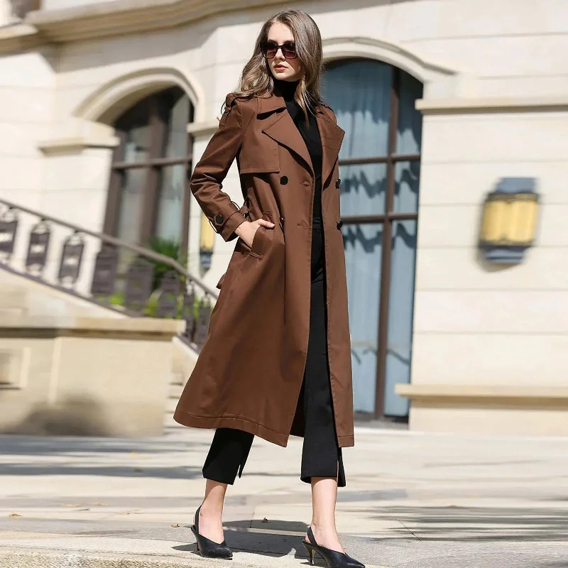 warm winter coats for women -Custom Brown Double Breasted Belted Trench Coat