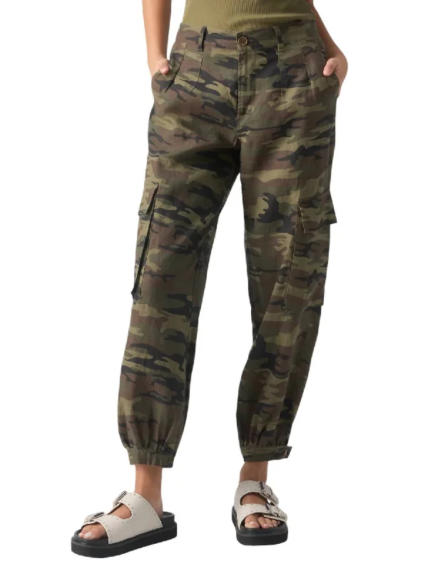 women's elastic waist pants -Pleated Camo Linen Cargo Pant In Little Hero