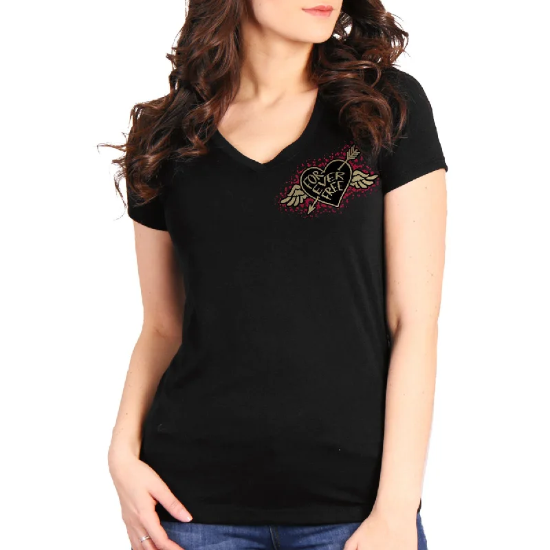 casual oversized tops for women -Hot Leathers GLD1550 Ladies Black Rose Wings V-Neck T-Shirt